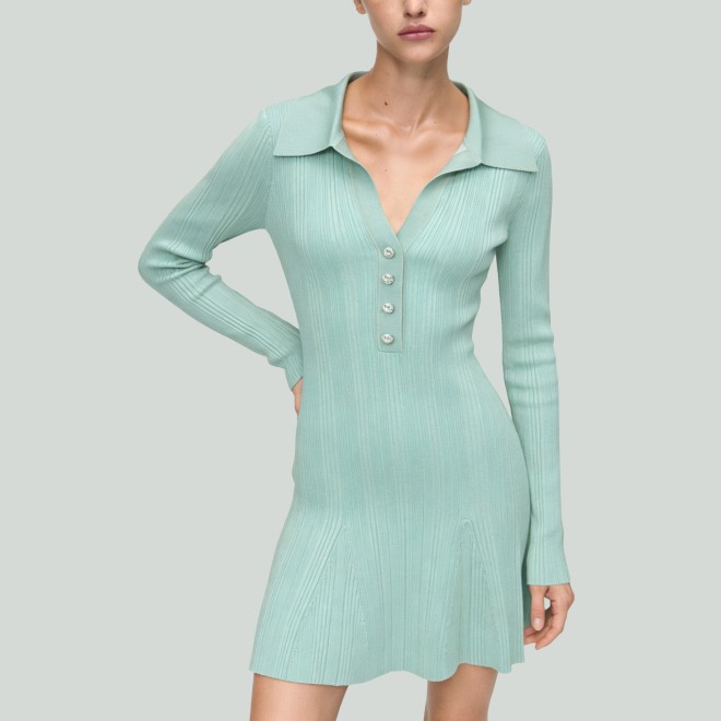 Women's Knit Polo Collar V-Neck A-Line Mini Dress