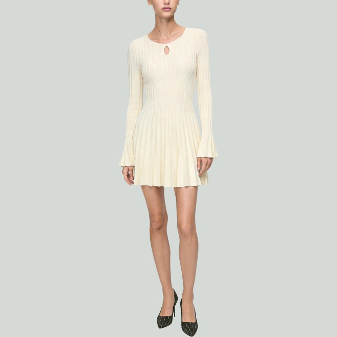 Crew Neck Long Sleeve Pleated Knitted Knee-Length Dress