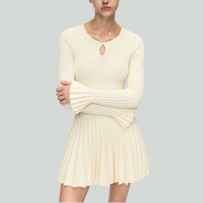 Crew Neck Long Sleeve Pleated Knitted Knee-Length Dress