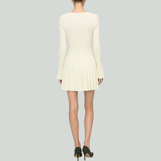Crew Neck Long Sleeve Pleated Knitted Knee-Length Dress