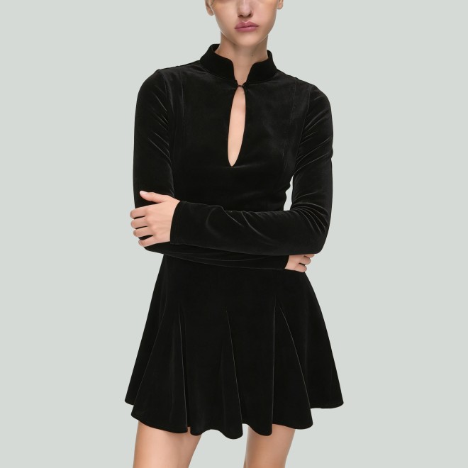 Stand Collar Long Sleeve Front Hollow Dress