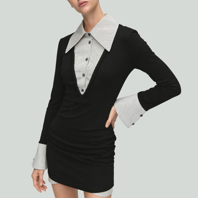 Turn-Down Collar Button Pleated Patchwork Mini Dress