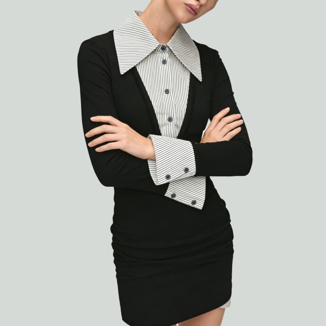 Turn-Down Collar Button Pleated Patchwork Mini Dress