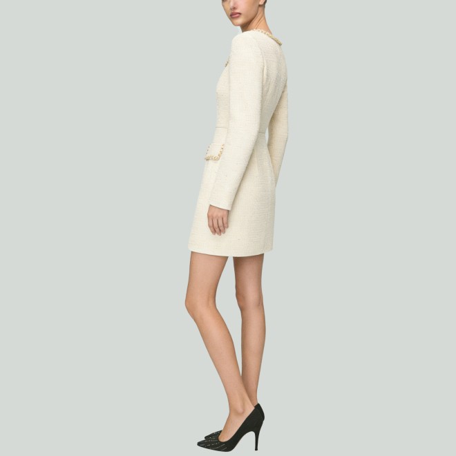Trendy Tweed Square Neck Beaded Long Sleeve Dress