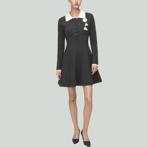 Fashion Contrast Color Lapel Crochet Embroidery Casual Dress