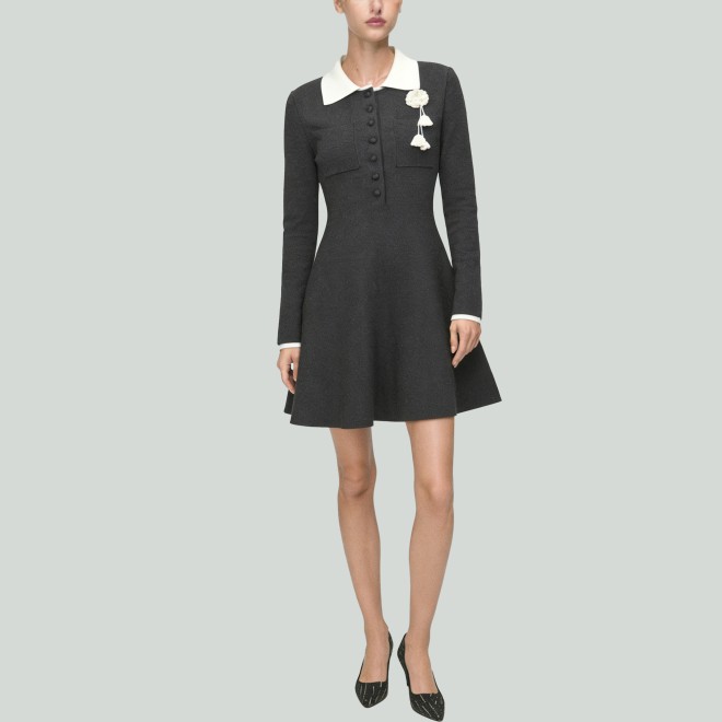 Fashion Contrast Color Lapel Crochet Embroidery Casual Dress