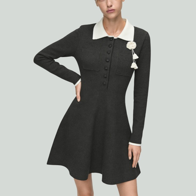 Fashion Contrast Color Lapel Crochet Embroidery Casual Dress