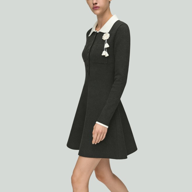 Fashion Contrast Color Lapel Crochet Embroidery Casual Dress