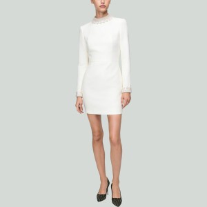 Beaded Stand-Up Collar Elegant White Dress