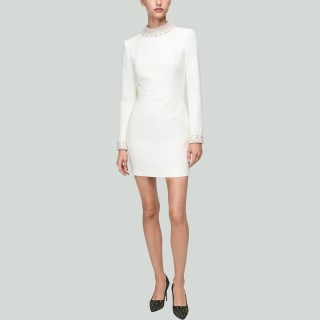 Beaded Stand-Up Collar Elegant White Dress