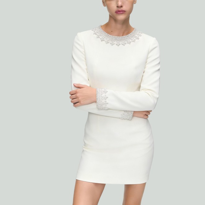 Beaded Stand-Up Collar Elegant White Dress