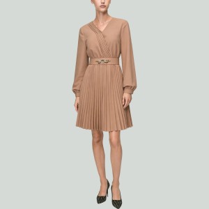 Autumn V-Neck Front Pleated Dress