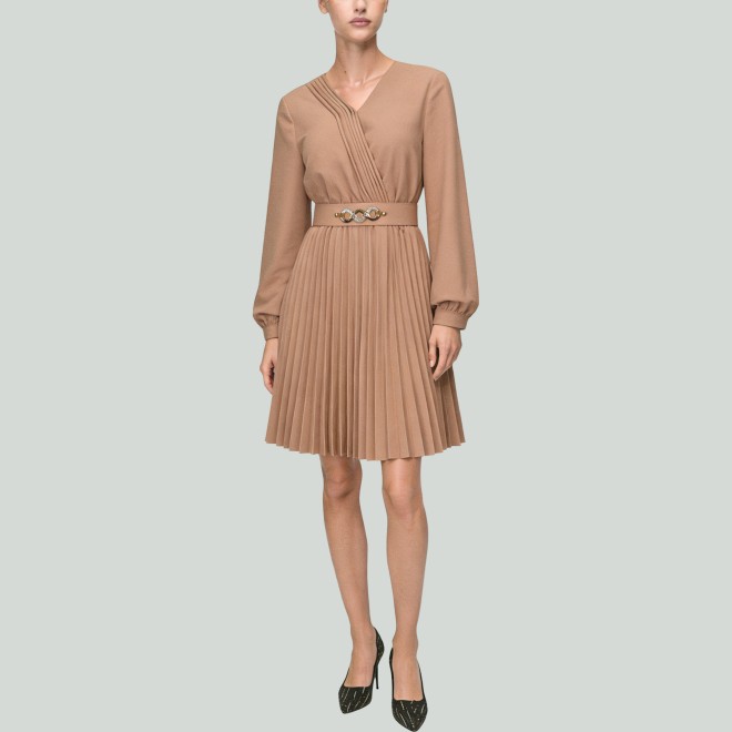 Autumn V-Neck Front Pleated Dress