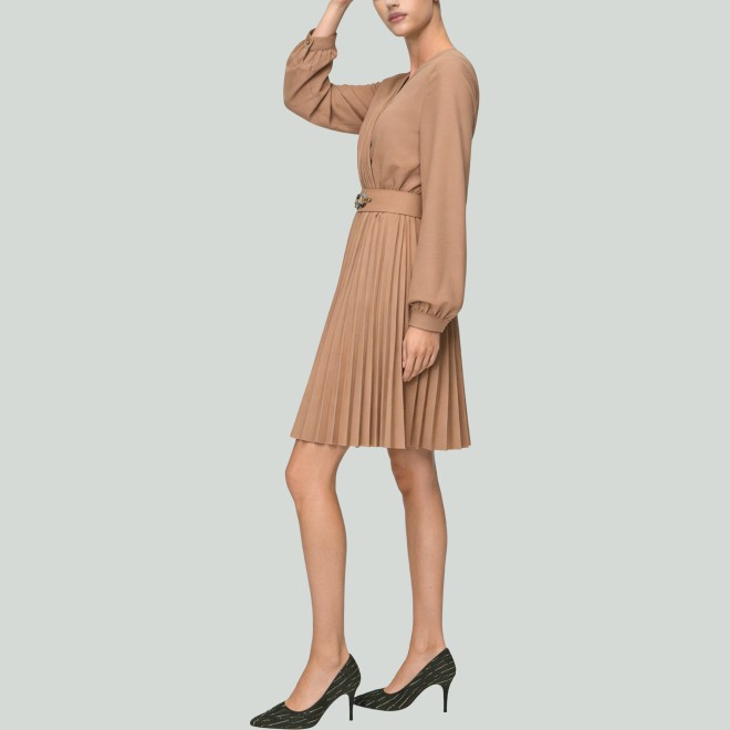 Autumn V-Neck Front Pleated Dress