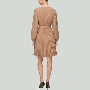 Autumn V-Neck Front Pleated Dress