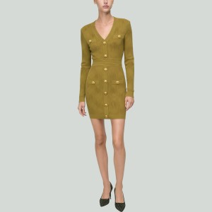 Minimalist Single-Breasted V-Neck Slim-Fit Knitted Mini Dress