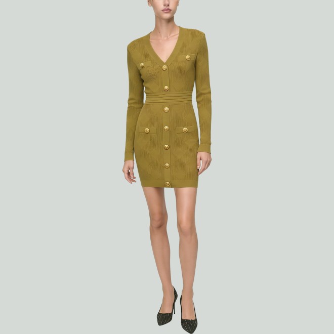 Minimalist Single-Breasted V-Neck Slim-Fit Knitted Mini Dress