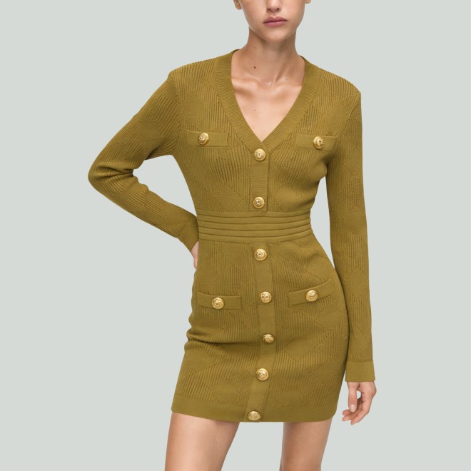 Minimalist Single-Breasted V-Neck Slim-Fit Knitted Mini Dress