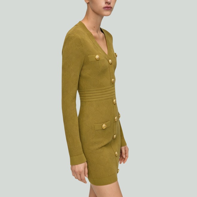 Minimalist Single-Breasted V-Neck Slim-Fit Knitted Mini Dress