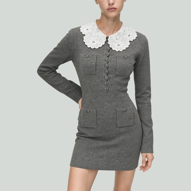 Lace Peter Pan Collar Knitted A-Line Mini Dress