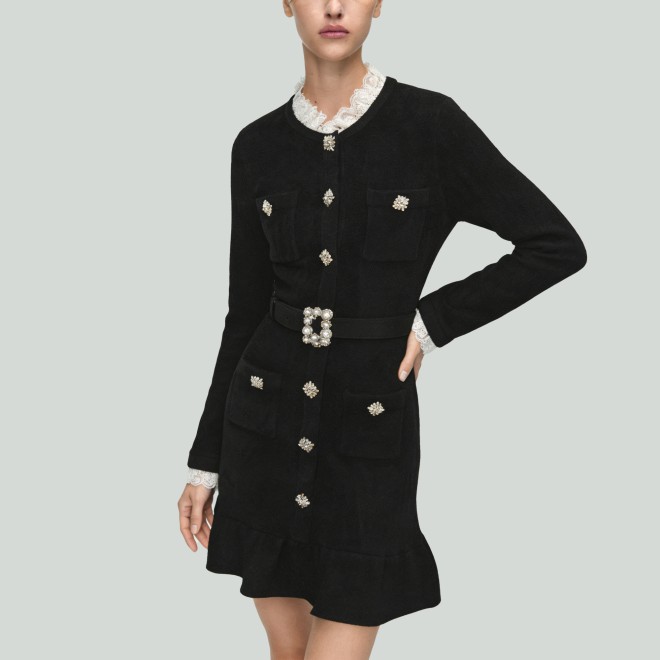French Single Row Button Long Sleeve Knitted A-Line Mini Skirt