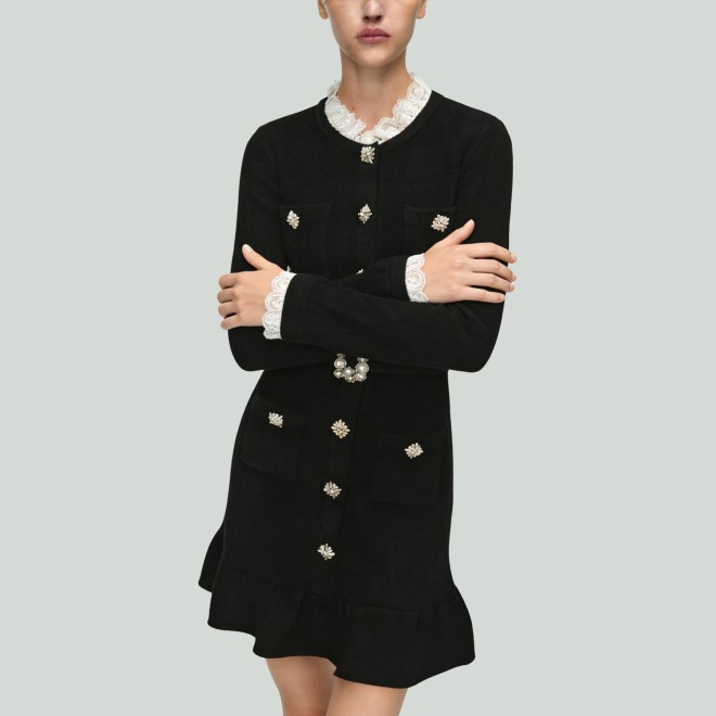 French Single Row Button Long Sleeve Knitted A-Line Mini Skirt