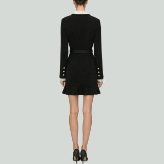 French Single Row Button Long Sleeve Knitted A-Line Mini Skirt