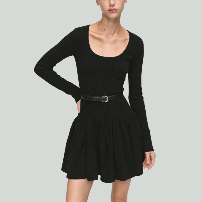 Elegant Round Neck Long Sleeve Knitted A-Line Skirt