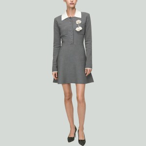 Floral-Collar Color-Block Knitted A-Line Dress