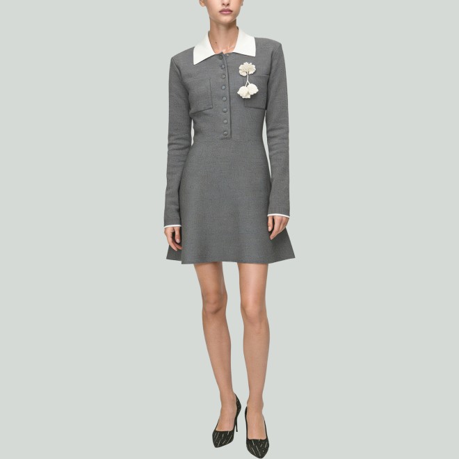 Floral-Collar Color-Block Knitted A-Line Dress