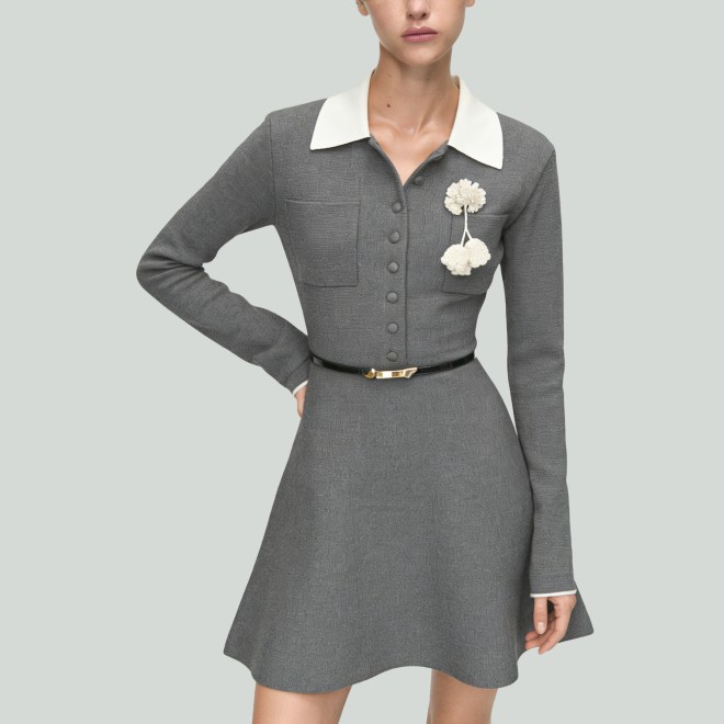 Floral-Collar Color-Block Knitted A-Line Dress