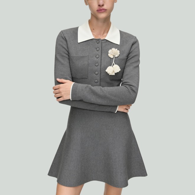 Floral-Collar Color-Block Knitted A-Line Dress