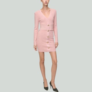 Button-Decorated V-Neck Long Sleeve Slim Mini Skirt