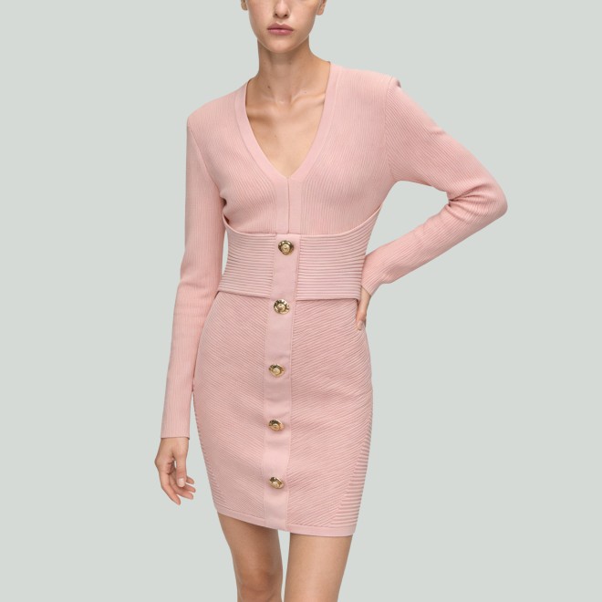 Button-Decorated V-Neck Long Sleeve Slim Mini Skirt