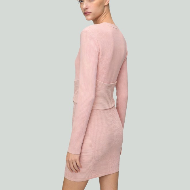 Button-Decorated V-Neck Long Sleeve Slim Mini Skirt