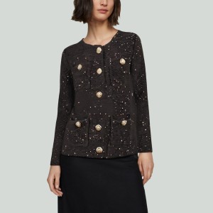 Metal Button Sequined Four-Pocket Knit Cardigan