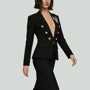 Elegant Beaded Button Diamond Blazer Jacket