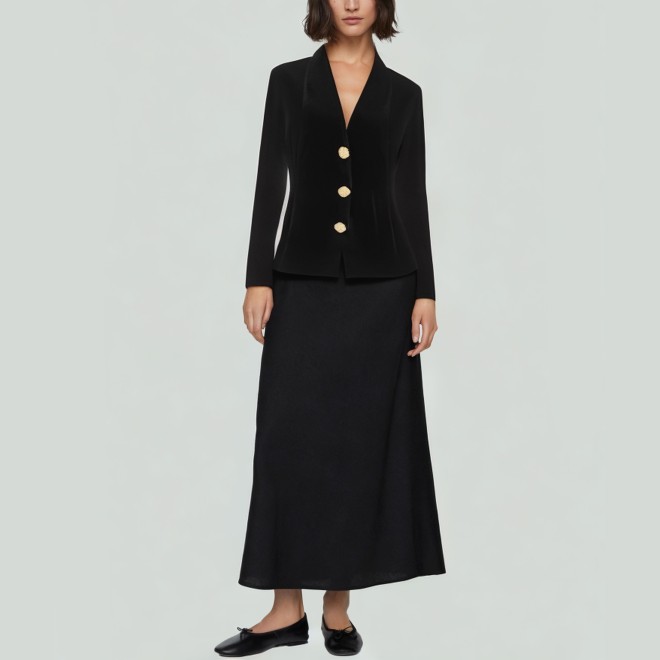 Velvet V-Neck Metal Button Women's Blazer