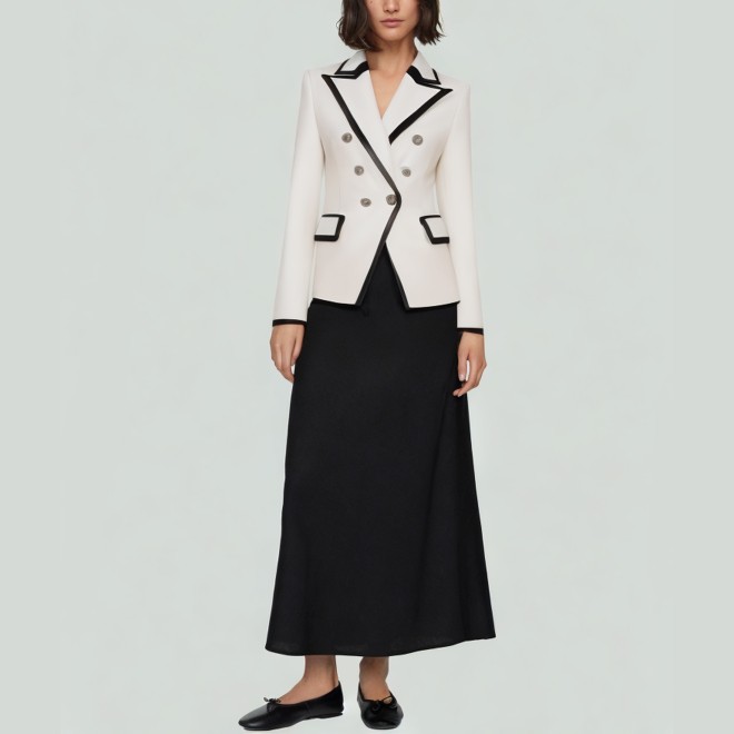 Women's Colorblock Double-Breasted Slim PU Blazer