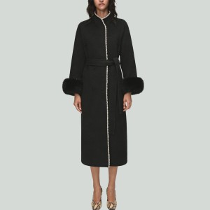 Elegant Fox Fur Sleeves Beading Wool Coat