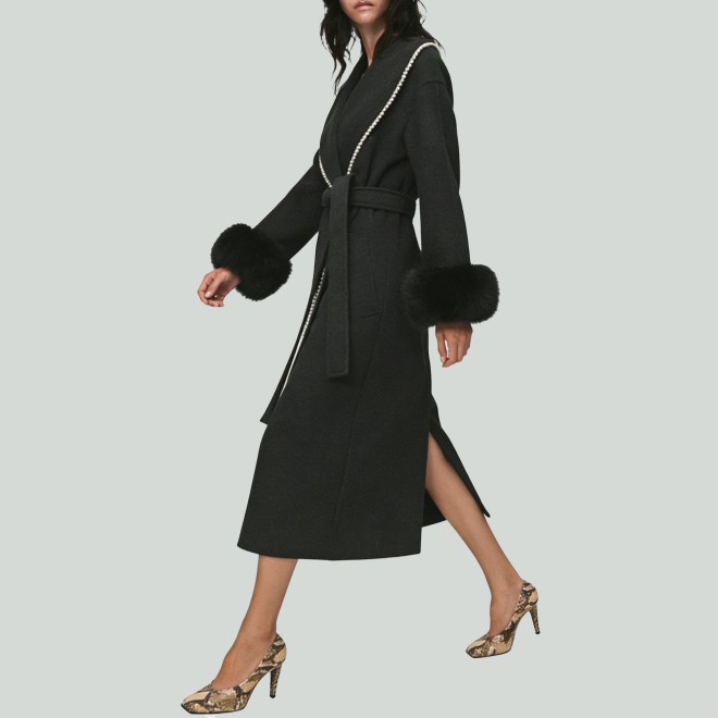 Elegant Fox Fur Sleeves Beading Wool Coat