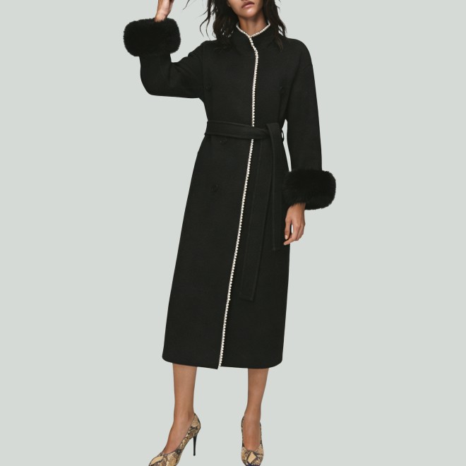 Elegant Fox Fur Sleeves Beading Wool Coat