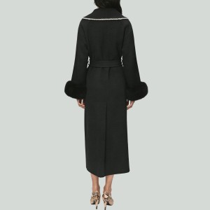 Elegant Fox Fur Sleeves Beading Wool Coat