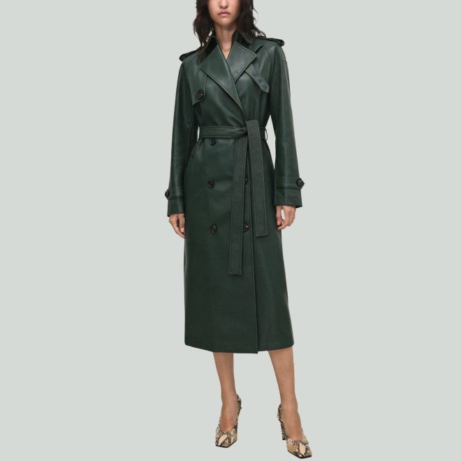 Double-Breasted Belted Long Leather Trench Coat