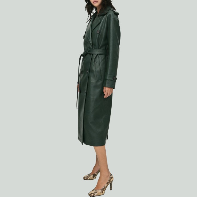 Double-Breasted Belted Long Leather Trench Coat