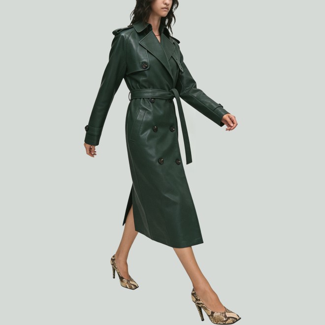 Double-Breasted Belted Long Leather Trench Coat
