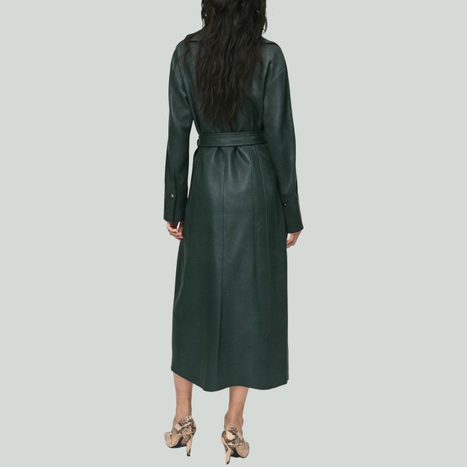 Double-Breasted Belted Long Leather Trench Coat