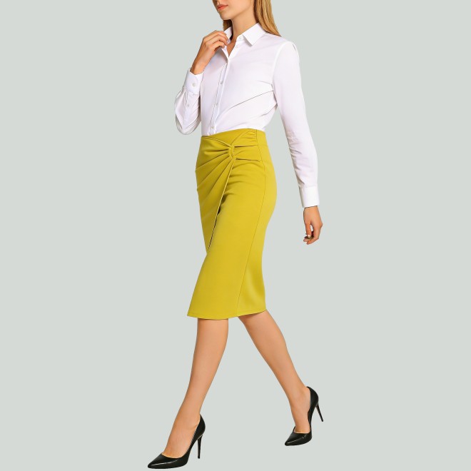 Ruched Front High Waist Back Slit A-Line Skirt