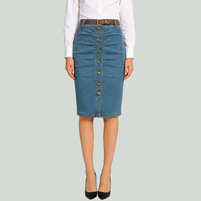 Vintage Belted Ruched High-Waist Pencil Skirt