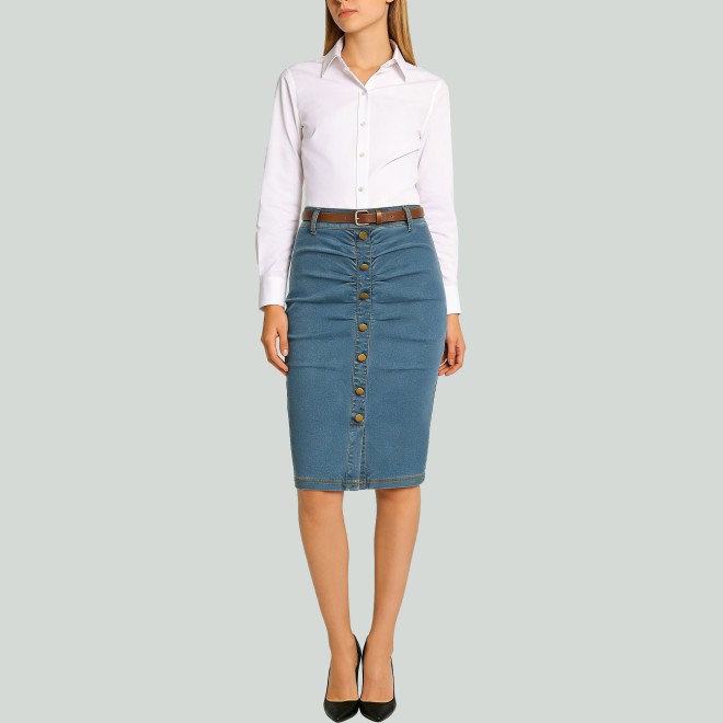 Vintage Belted Ruched High-Waist Pencil Skirt
